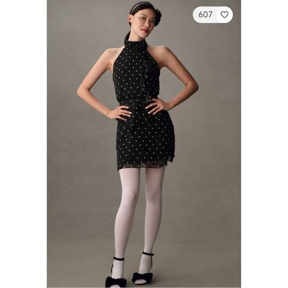 NEW Anthropologie Maeve Halter Rosette Black & White Polka Dot Mini Dress Small - Picture 4 of 4